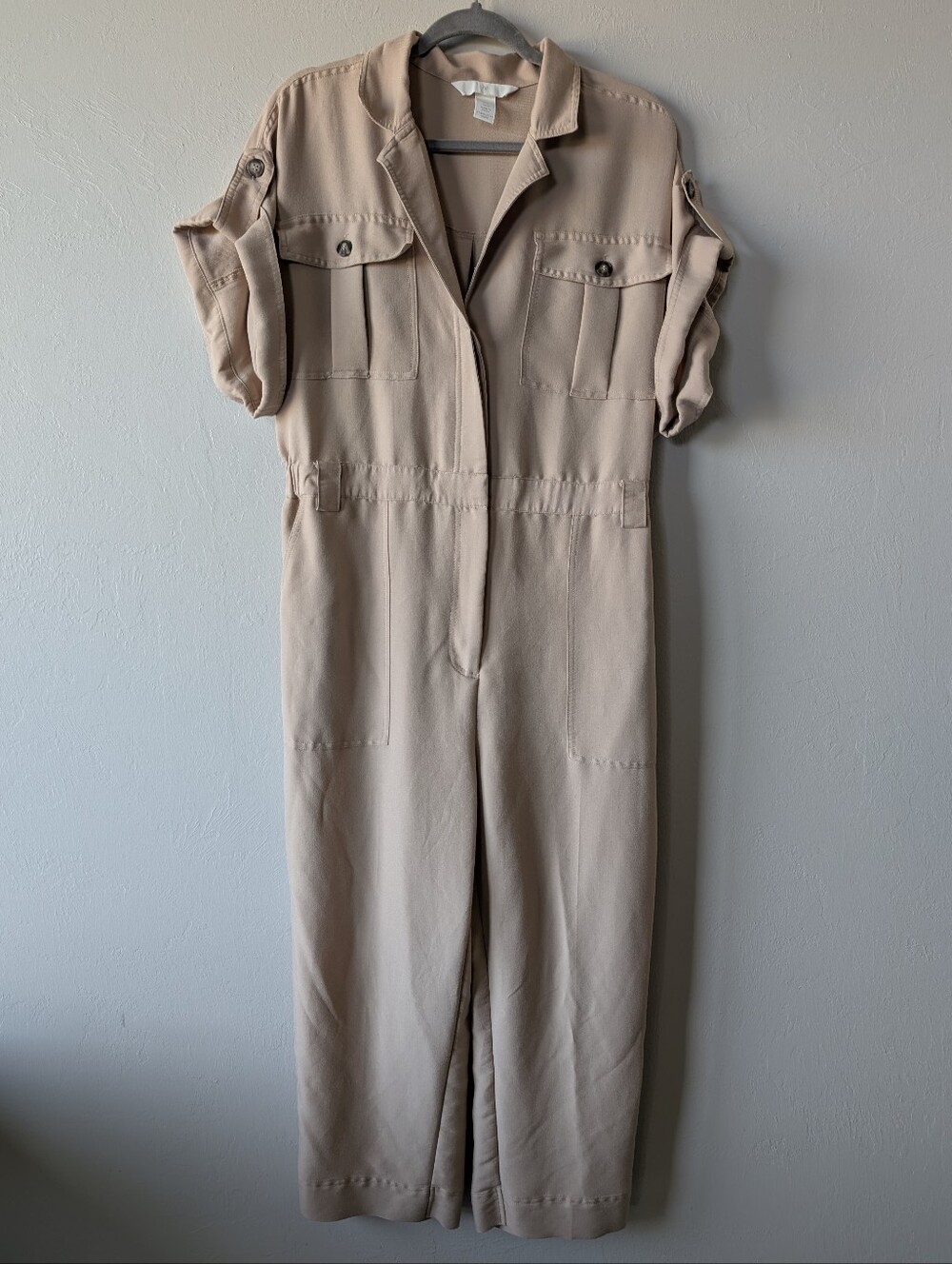 H&M Tan Utility Jumpsuit Roll-Tab Sleeves Elastic Waist Size 14 Collared
